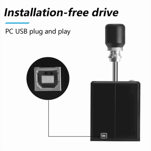 SimJack žaidimų vairų pavarų svirties nuotrauka, vaizduojanti PC USB plug and play jungtį.