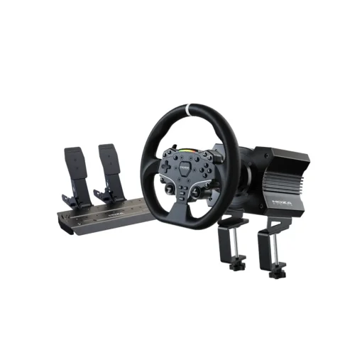Žaidimų vairo Moza R5 Direct Drive Bundle komplektas su ES vairu ir SRP Lite pedalais.