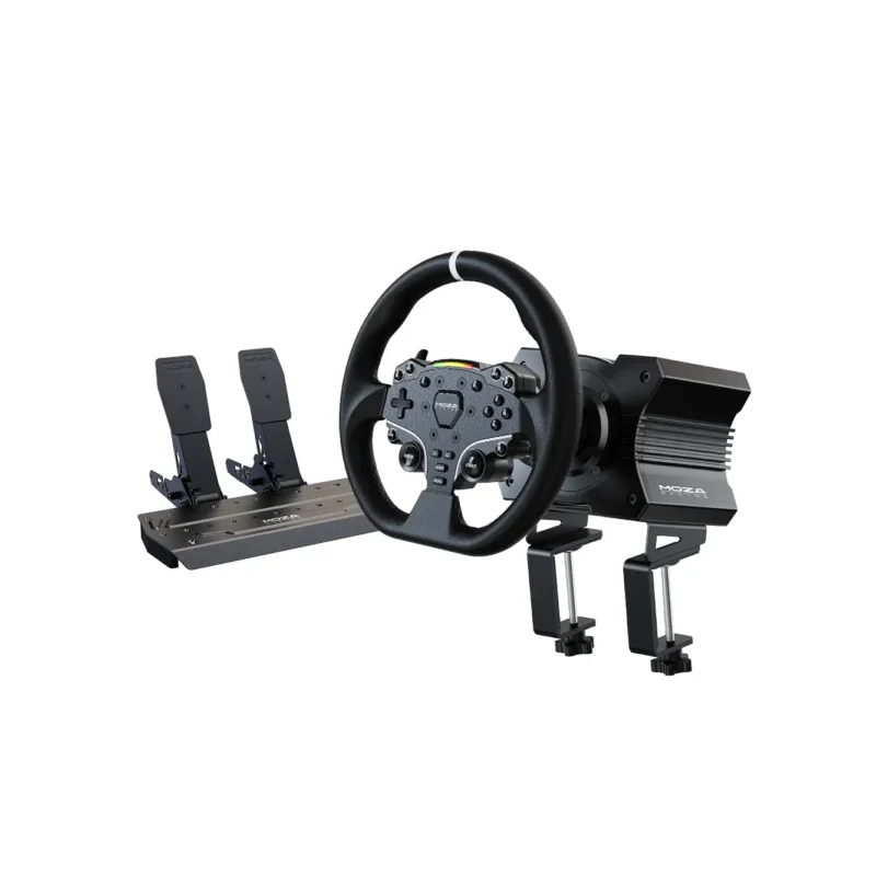 Žaidimų vairo Moza R5 Direct Drive Bundle komplektas su ES vairu ir SRP Lite pedalais.